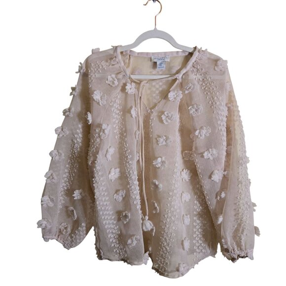 Calypso St. Barth Sheer 3D Floral Balloon Sleeve Tassel Tie Peasant Blouse SizeM - Picture 2 of 8